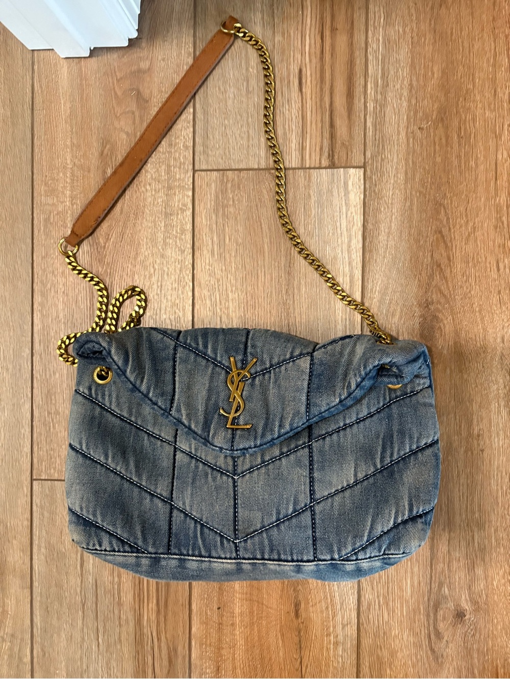 Fashion Denim Quilted Shoulder Bag in Blue with Gold Hardware